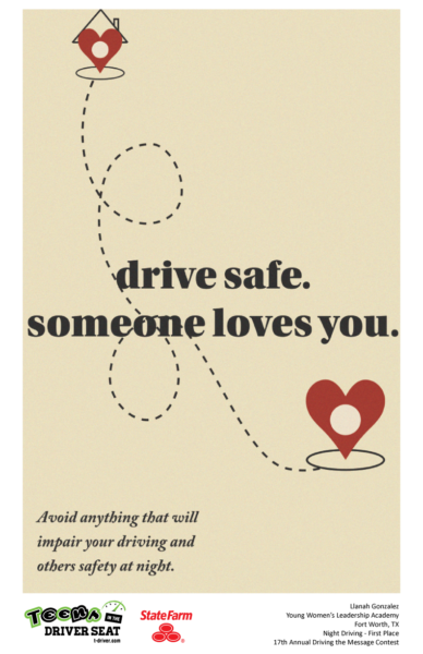 Poster depicting a dotted trail between two destinations with the text, "drive safe. someone loves you."