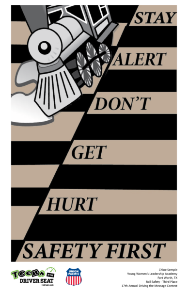Poster depicting a train with the text, "Stay alert don't get hurt. Safety first."