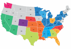Color-coded map of the United States.