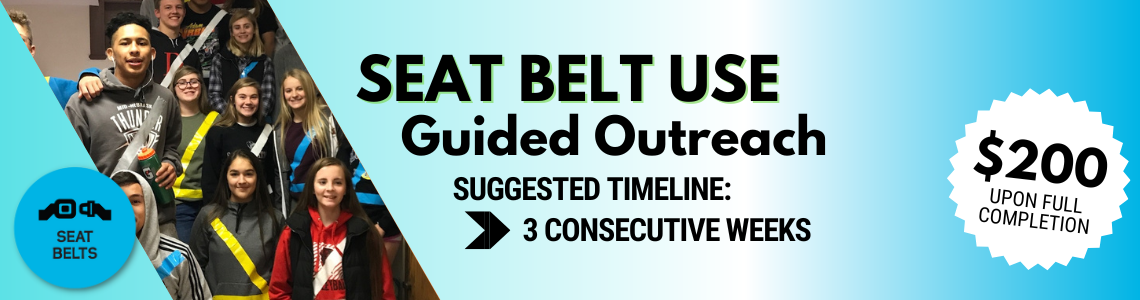 Seat Belt use guided outreach. Suggested timeline, 3 consecutive weeks. Earn up to $200 upon completion.