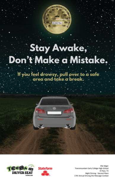Poster depicting vehicle driving at night through a dirt road under a moon with a speedomoter imposed over it with the text, "Stay awake, don't make a mistake. If you feel drowsy, pull over to a safe area and take a break."