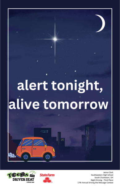 Poster depicting car driving through city at night with the text, "Alert tonight, alive tomorrow."