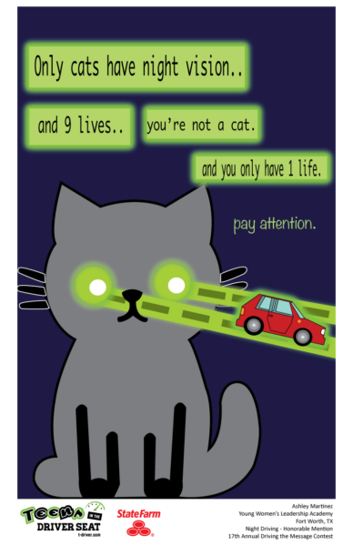 Poster depicting a cat with laser eyes shooting at a car with the text, "Only cats have night vision and 9 lives. You're not a cat and you only have 1 life. Pay attention."