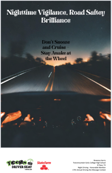 Poster depicting a road at night from a driver's perspective with the text, "Nighttime vigilance, road safety brilliance. Don't snooze and cruise. Stay awake at the wheel."