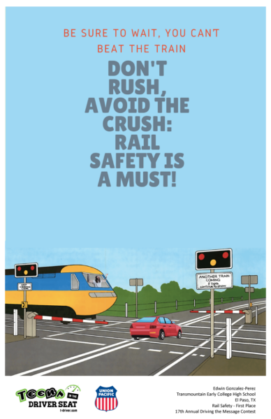 Poster depicting car trying to cross in front of oncoming train with the text, "Be sure to wait, you can't beat the train. Don't rush, avoid the crush: rail safety is a must!"