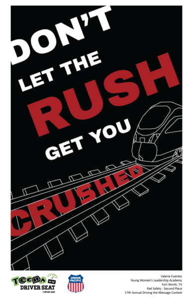 Poster depicting a train with the text, "Don't let the rush get you crushed."