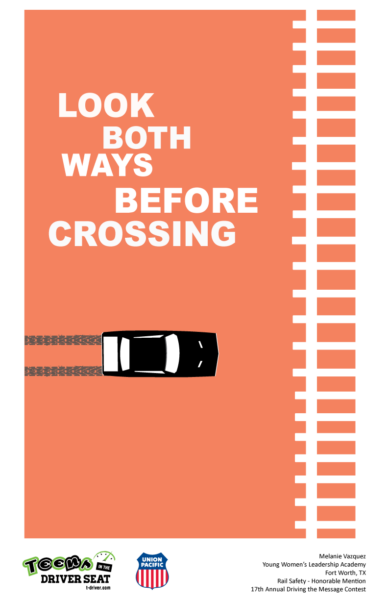 Poster depicting car heading for train tracks that says, "Look both ways before crossing."