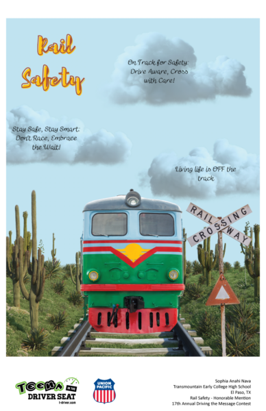 Poster depicting train driving through the desert with rail safety taglines.