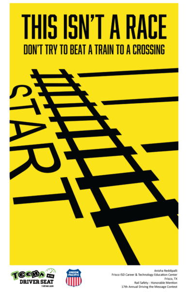 Poster depicting stylized train tracks as a race starting line with the text, "This isn't a race. Don't try to beat a train."