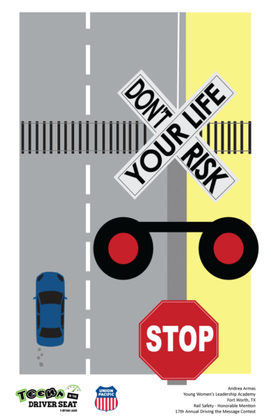 Poster depicting vehicle driving towards rail grade crossing with the text, "Don't risk your life."