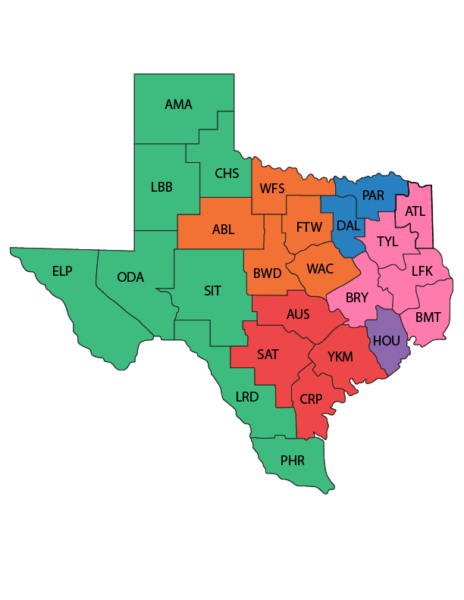 Color-coded map of Texas counties